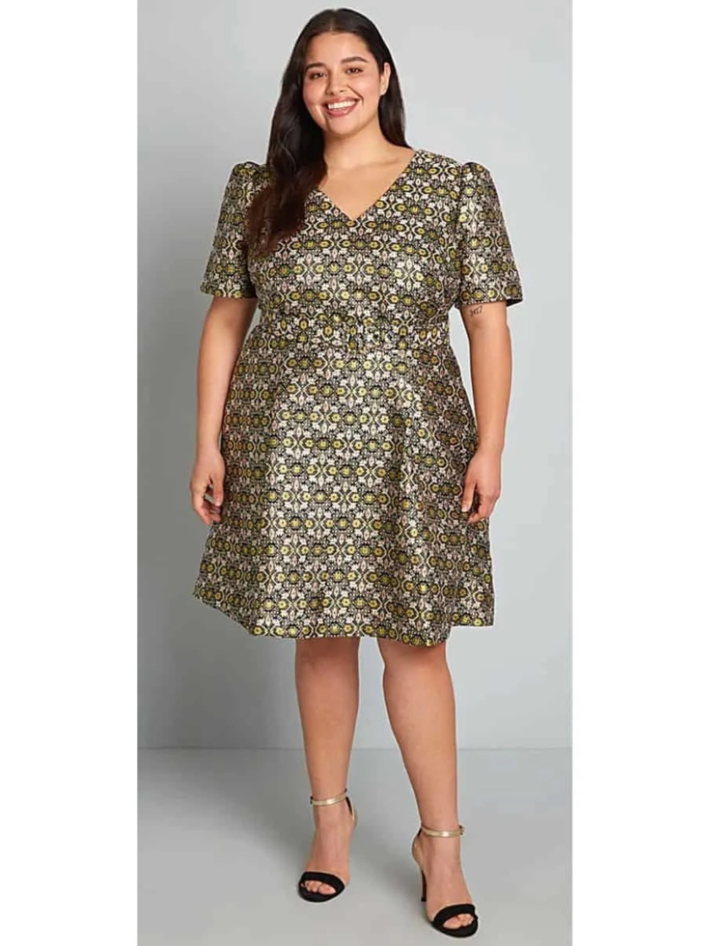 Modcloth Gold, black and green Jacquard V-Neck Belted Fit and Flair Dress